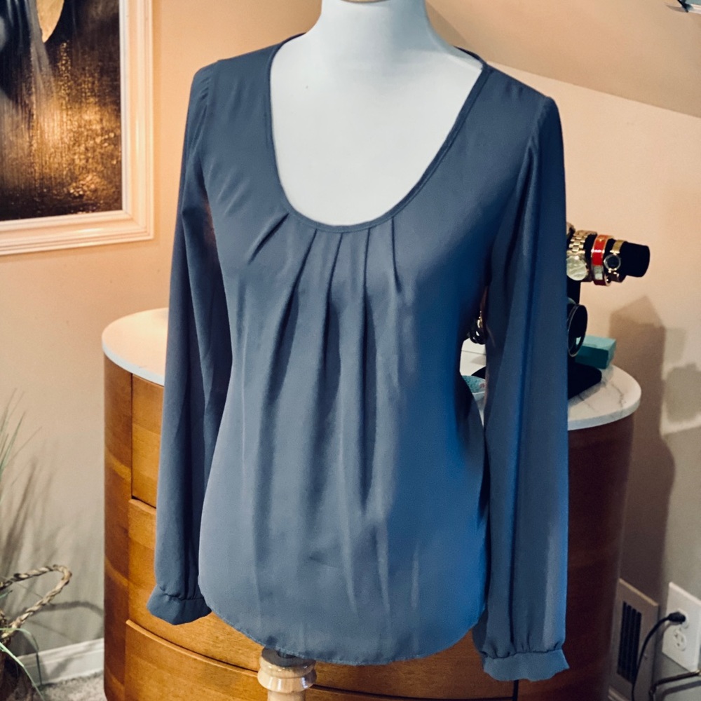 Pleat neck gray crepe blouse